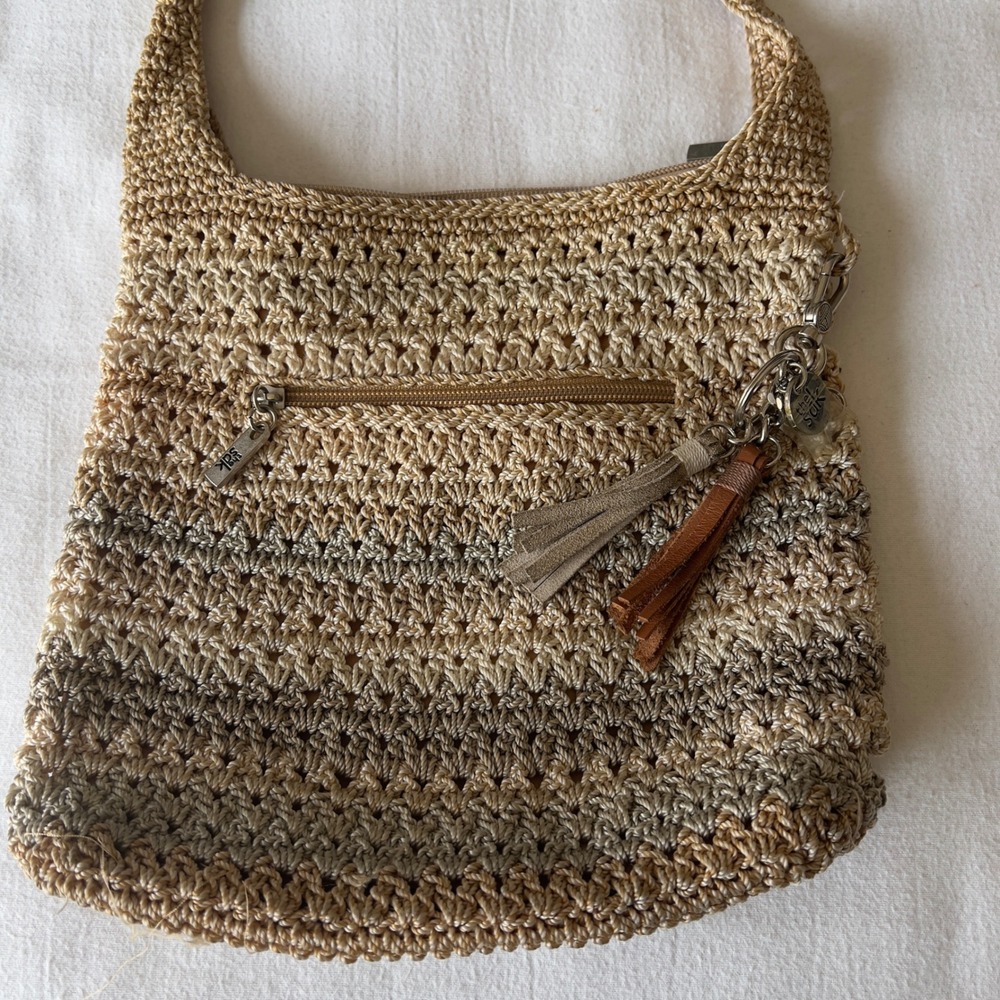 The Sak Crochet Hobo Shoulder Bag Beige Taupe Ombre Tassel Boho Handbag